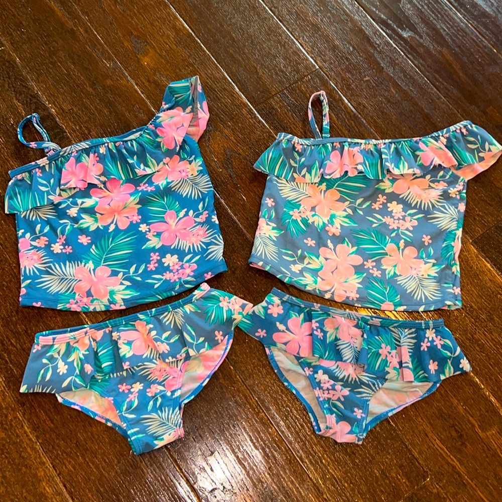 HowJoJo Girls Tankini Hawaii Luau Floral Blue And Pink Ruffle Size 6/7
